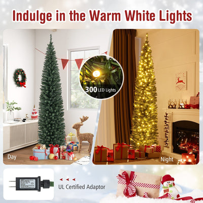 5/6/7/8/9 Feet Pre-lit Pencil Artificial Christmas Tree with 150/180/200//300/400 Warm White LED Lights-8 ft