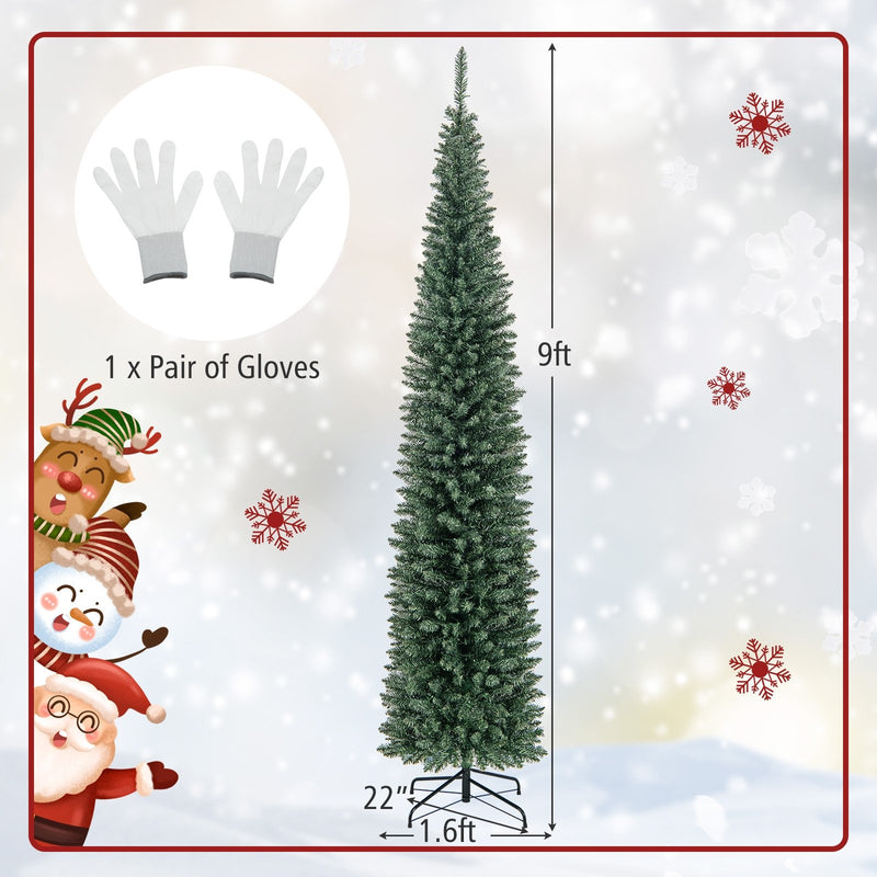 5/6/7/8/9 Feet Pre-lit Pencil Artificial Christmas Tree with 150/180/200//300/400 Warm White LED Lights-9 ft