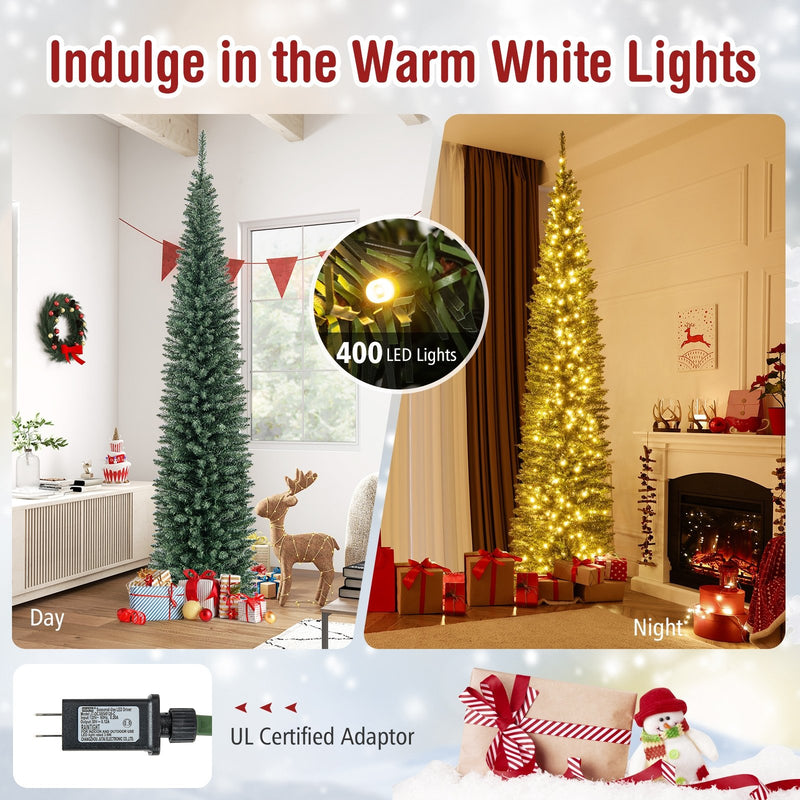 5/6/7/8/9 Feet Pre-lit Pencil Artificial Christmas Tree with 150/180/200//300/400 Warm White LED Lights-9 ft