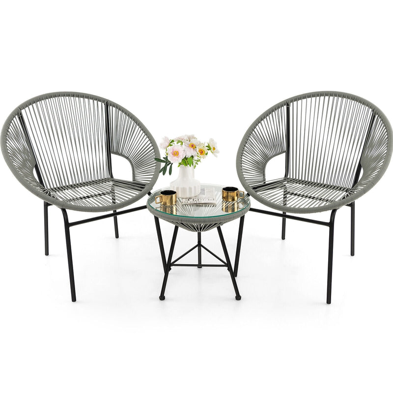 3 Pieces Patio Acapulco Furniture Bistro Set with Glass Table-Gray