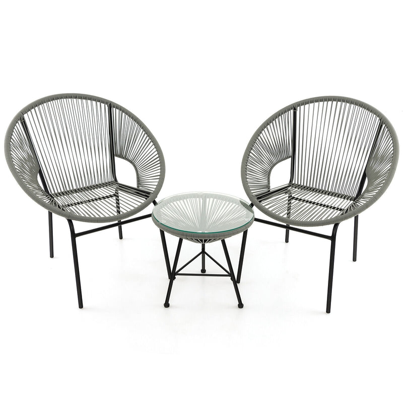 3 Pieces Patio Acapulco Furniture Bistro Set with Glass Table-Gray