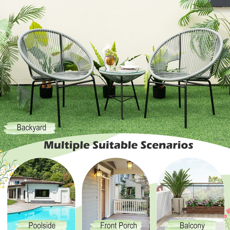 3 Pieces Patio Acapulco Furniture Bistro Set with Glass Table-Gray