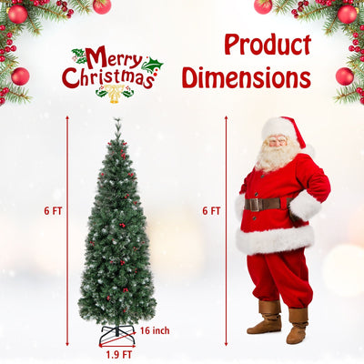 5/6/7/8/9 FT Pre-Lit Artificial Hinged Slim Pencil Christmas Tree-6 ft