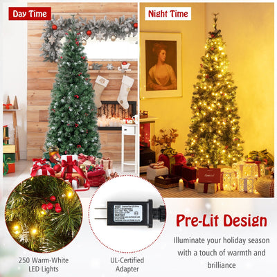 5/6/7/8/9 FT Pre-Lit Artificial Hinged Slim Pencil Christmas Tree-6 ft