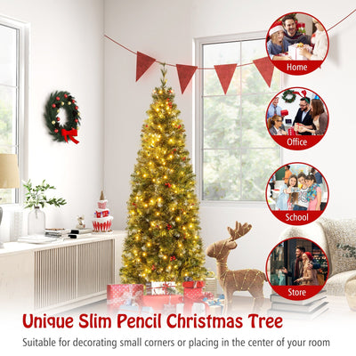 5/6/7/8/9 FT Pre-Lit Artificial Hinged Slim Pencil Christmas Tree-6 ft