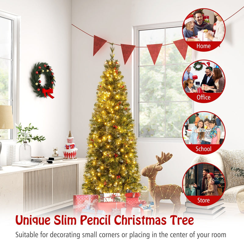 5/6/7/8/9 FT Pre-Lit Artificial Hinged Slim Pencil Christmas Tree-6 ft