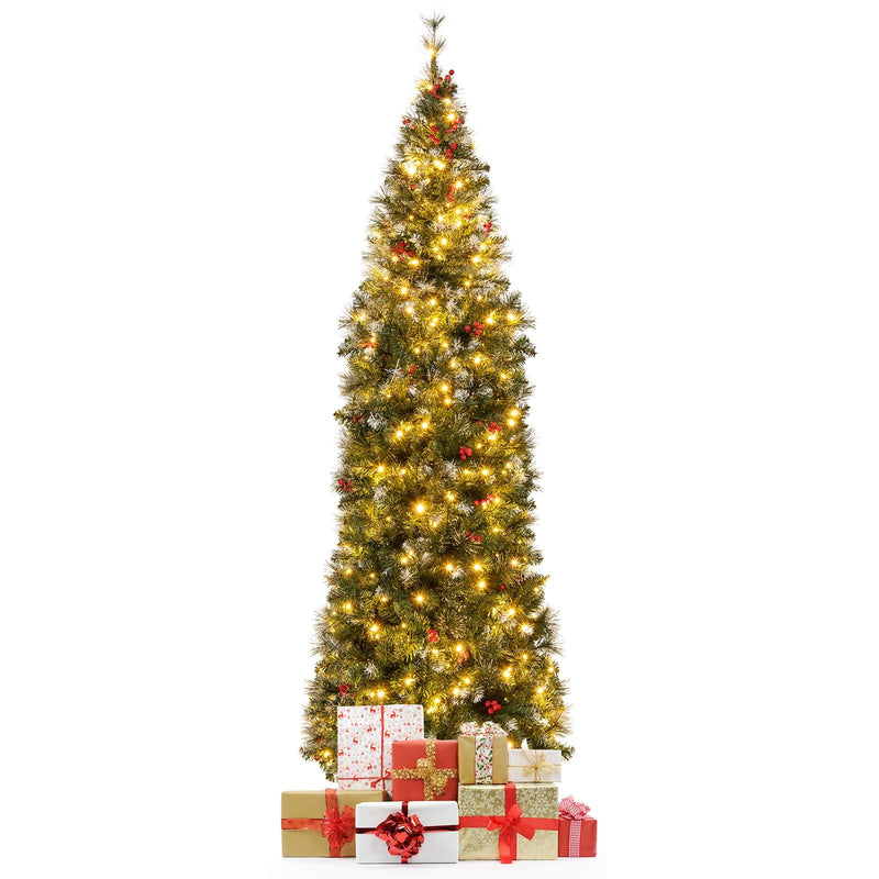 5/6/7/8/9 FT Pre-Lit Artificial Hinged Slim Pencil Christmas Tree-7 ft