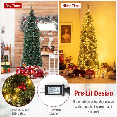 5/6/7/8/9 FT Pre-Lit Artificial Hinged Slim Pencil Christmas Tree-7 ft