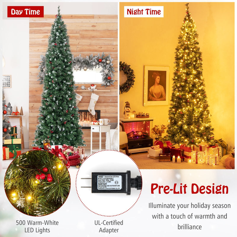 5/6/7/8/9 FT Pre-Lit Artificial Hinged Slim Pencil Christmas Tree-9 ft