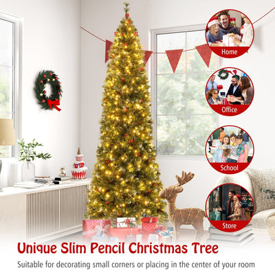 5/6/7/8/9 FT Pre-Lit Artificial Hinged Slim Pencil Christmas Tree-8 ft