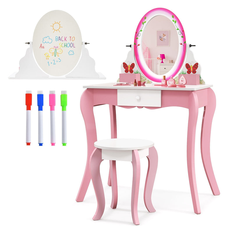 Kids Vanity Table and Stool Set with 360° Rotating Mirror and Whiteboard-Pink