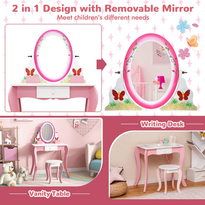 Kids Vanity Table and Stool Set with 360° Rotating Mirror and Whiteboard-Pink