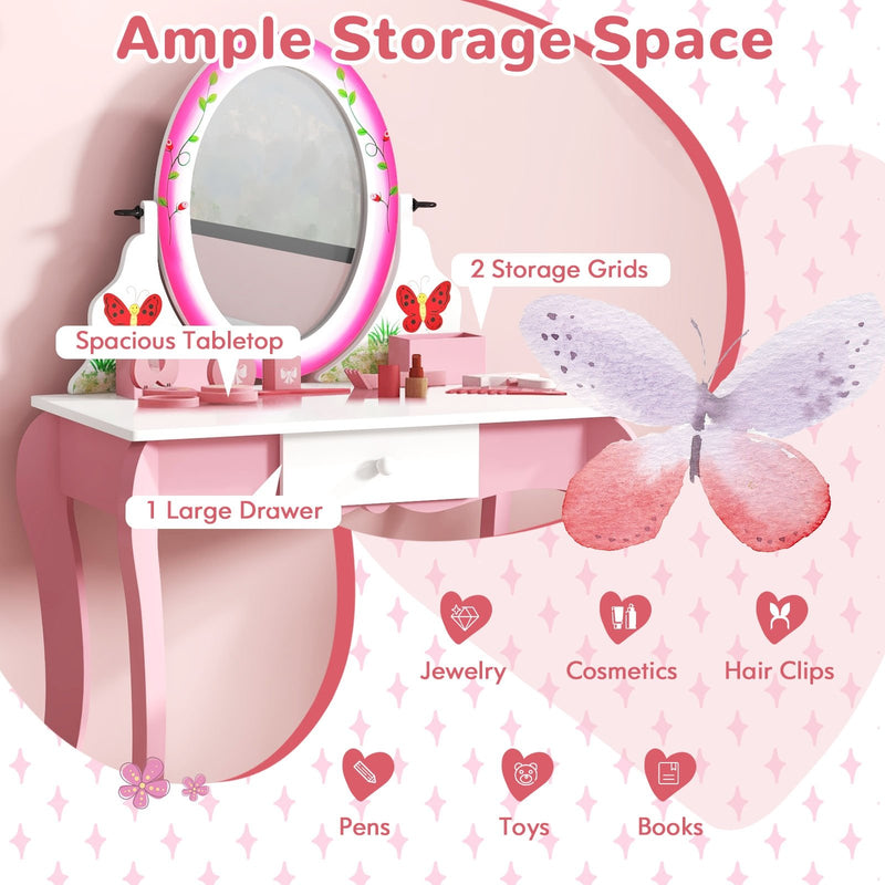 Kids Vanity Table and Stool Set with 360° Rotating Mirror and Whiteboard-Pink