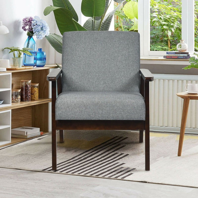 Solid Rubber Wood Fabric Accent Armchair for Living Room-Gray