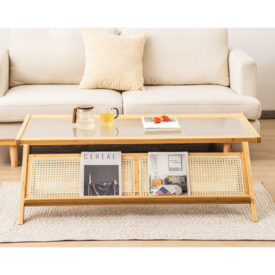 Z-Shaped Handwoven Bamboo Coffee Table with Tempered Glass Top-Natural