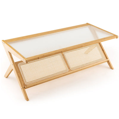 Z-Shaped Handwoven Bamboo Coffee Table with Tempered Glass Top-Natural