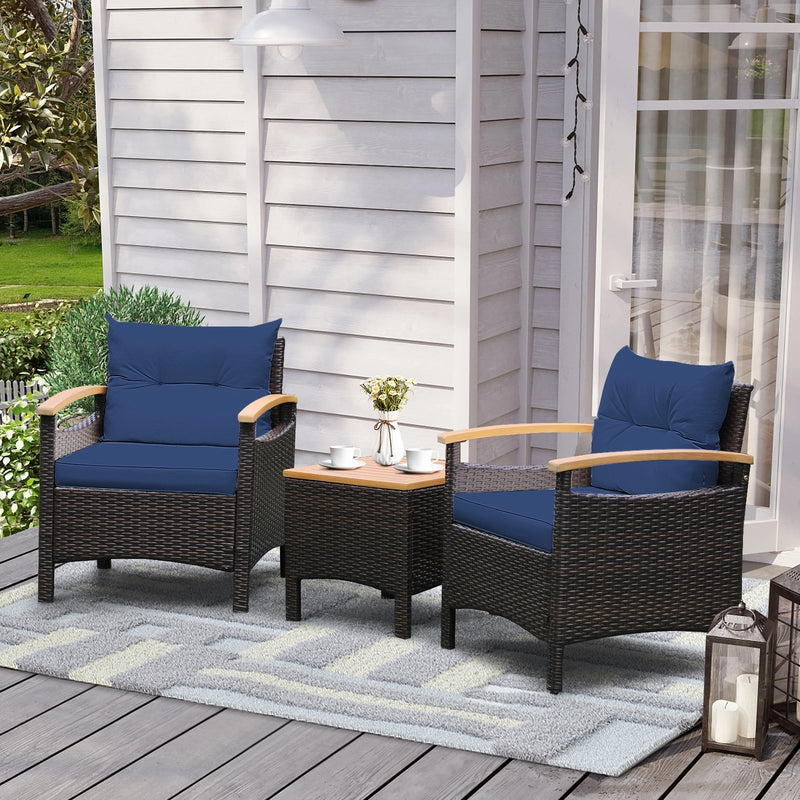 3 Pieces Patio Rattan Furniture Set with Removable Cushion-Navy