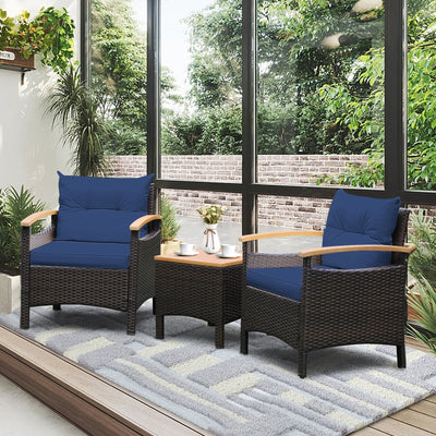 3 Pieces Patio Rattan Furniture Set with Removable Cushion-Navy