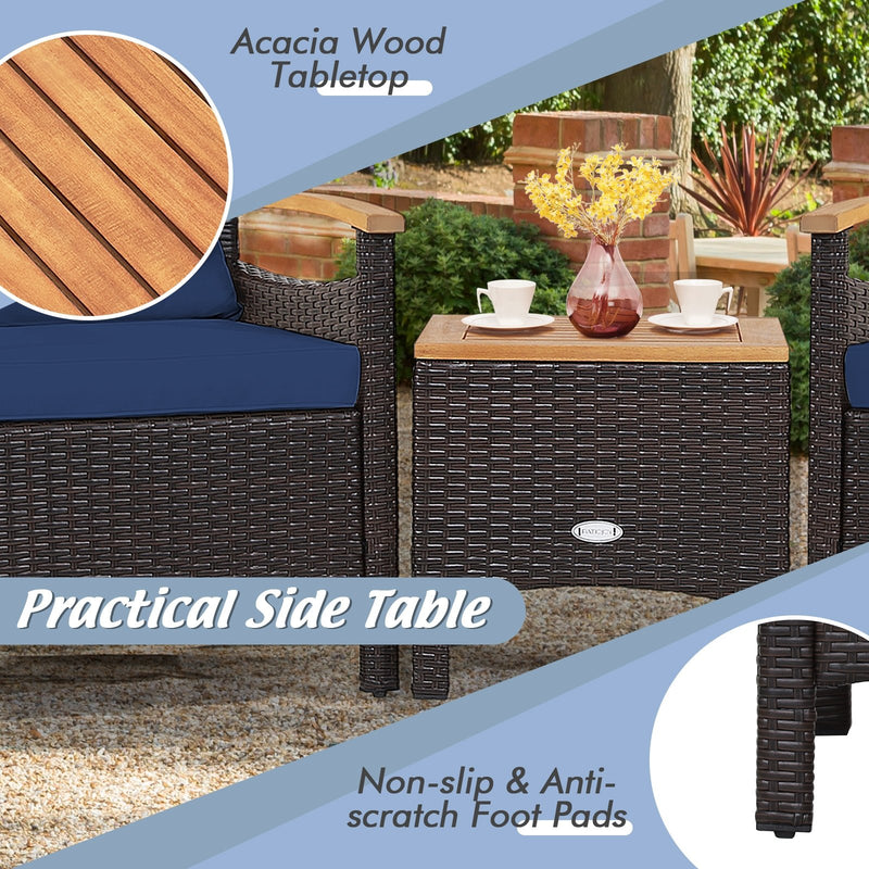 3 Pieces Patio Rattan Furniture Set with Removable Cushion-Navy