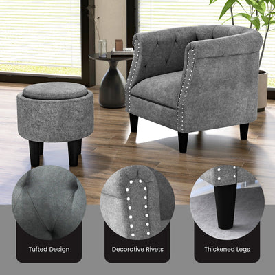 Modern Accent Chair with Ottoman Armchair Barrel Sofa Chair and Footrest-Grey