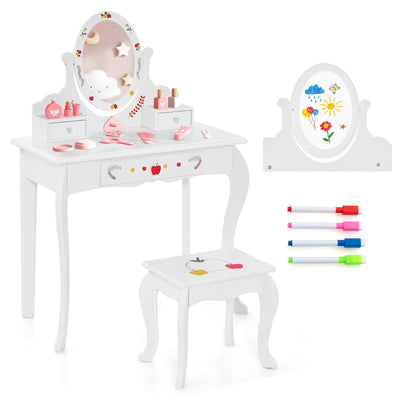 Kids Vanity and Stool Set with 360° Rotatable Mirror and Whiteboard-White