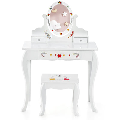 Kids Vanity and Stool Set with 360° Rotatable Mirror and Whiteboard-White