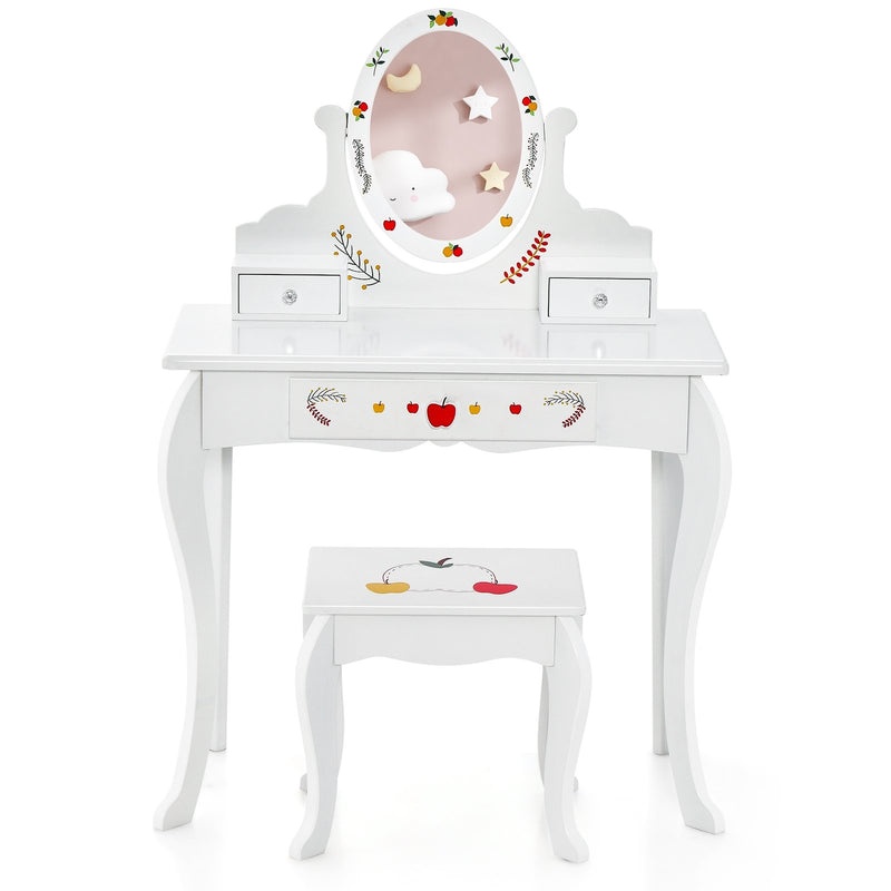 Kids Vanity and Stool Set with 360° Rotatable Mirror and Whiteboard-White