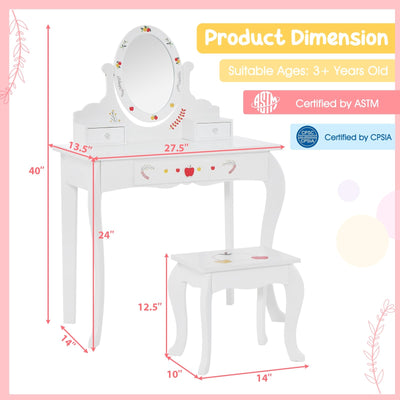 Kids Vanity and Stool Set with 360° Rotatable Mirror and Whiteboard-White