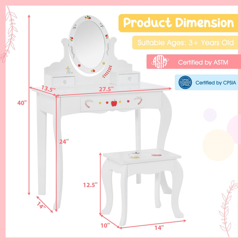 Kids Vanity and Stool Set with 360° Rotatable Mirror and Whiteboard-White