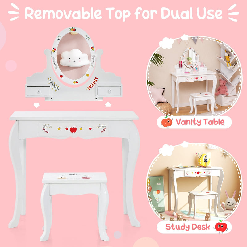 Kids Vanity and Stool Set with 360° Rotatable Mirror and Whiteboard-White