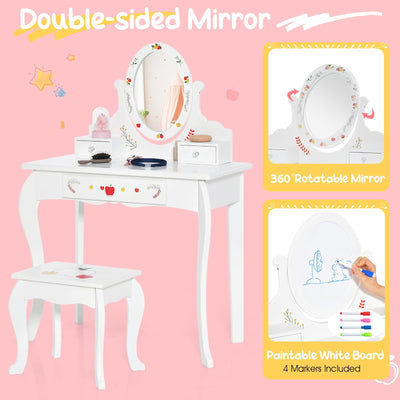 Kids Vanity and Stool Set with 360° Rotatable Mirror and Whiteboard-White