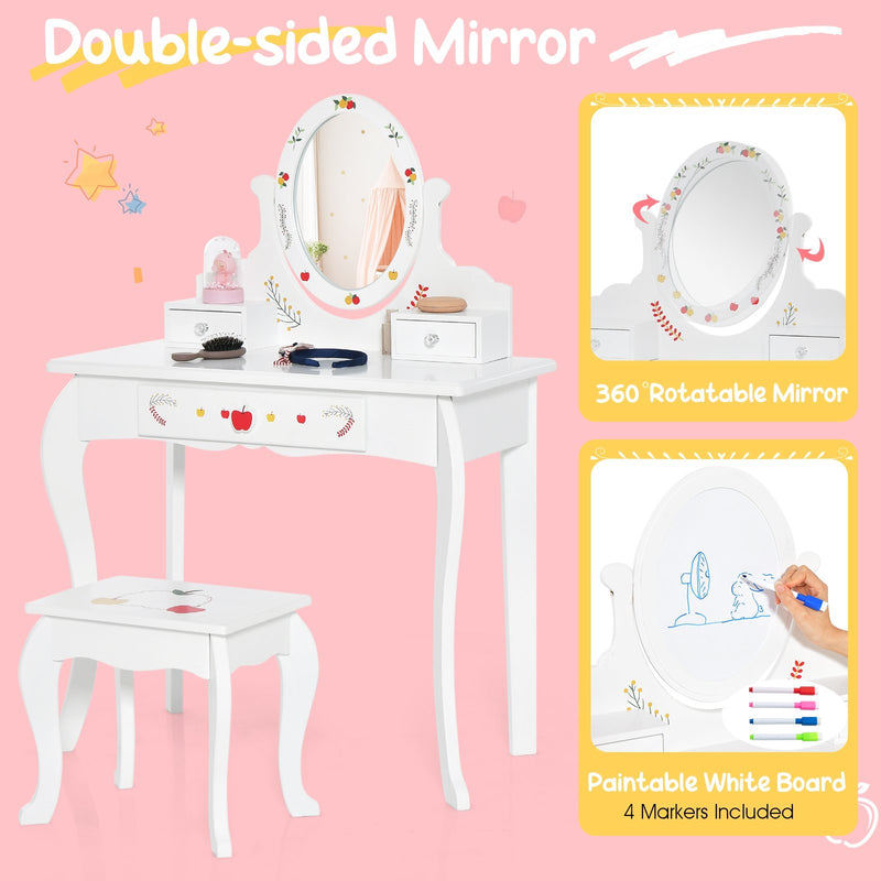 Kids Vanity and Stool Set with 360° Rotatable Mirror and Whiteboard-White