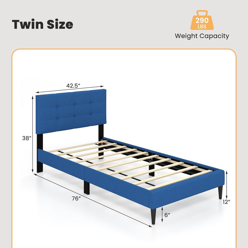 Twin Size Upholstered Platform Bed with Button Tufted Headboard-Blue