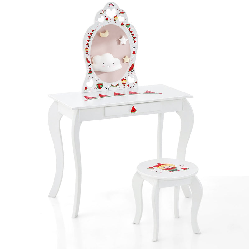 2 in 1 Children Pretend Makeup Vanity Set with Removable Mirror and Storage Drawer-White