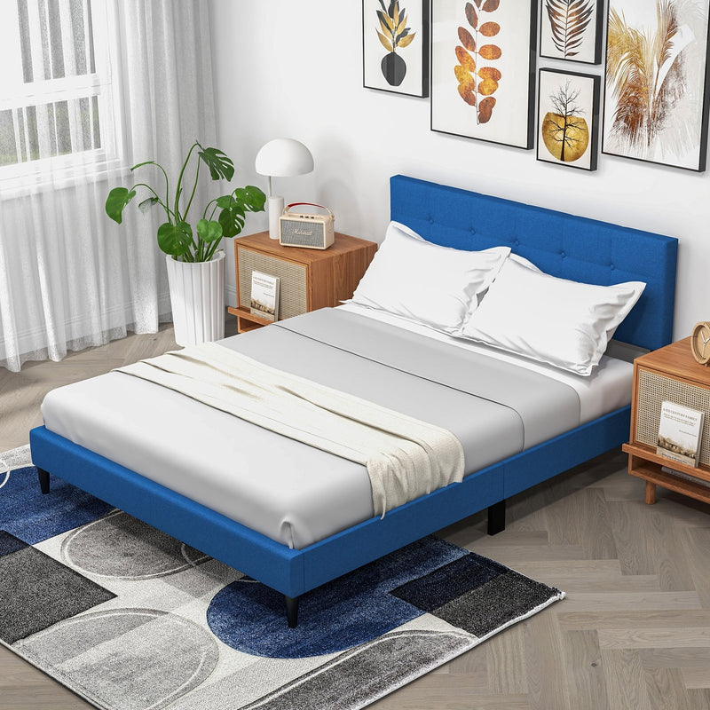 Queen Size Upholstered Platform Bed with Button Tufted Headboard-Blue