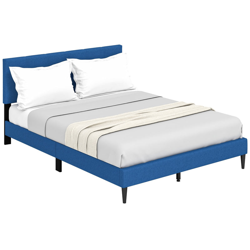 Queen Size Upholstered Platform Bed with Button Tufted Headboard-Blue