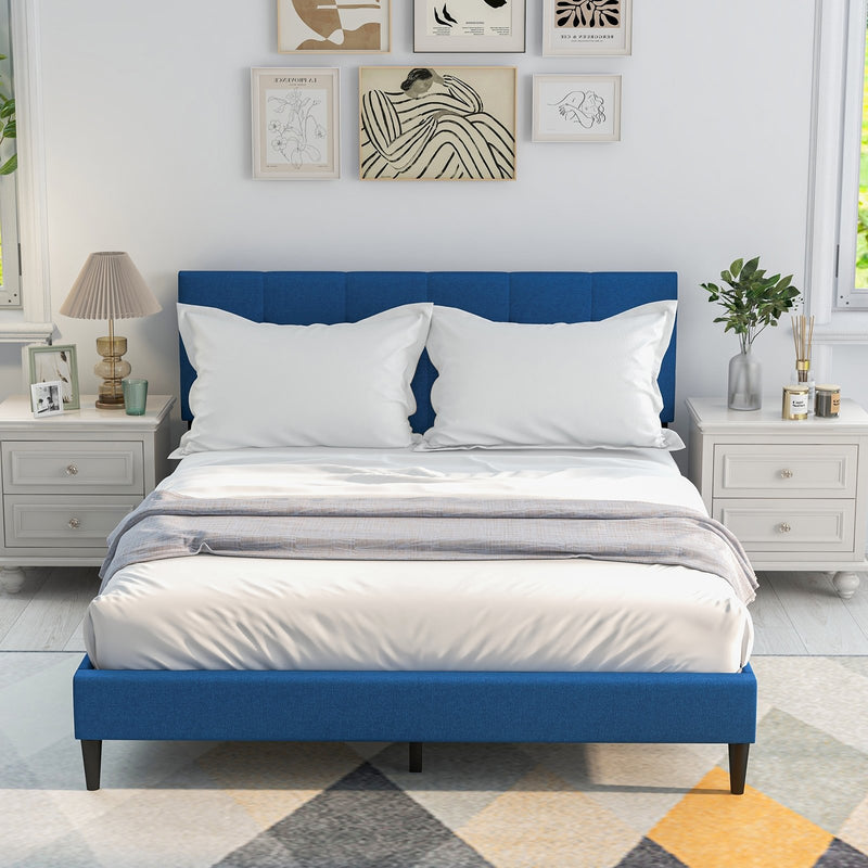 Queen Size Upholstered Platform Bed with Button Tufted Headboard-Blue