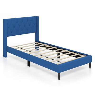 Twin Size Upholstered Platform Bed with Button Tufted Wingback Headboard-Blue