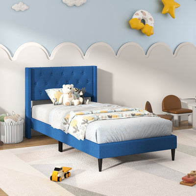 Twin Size Upholstered Platform Bed with Button Tufted Wingback Headboard-Blue