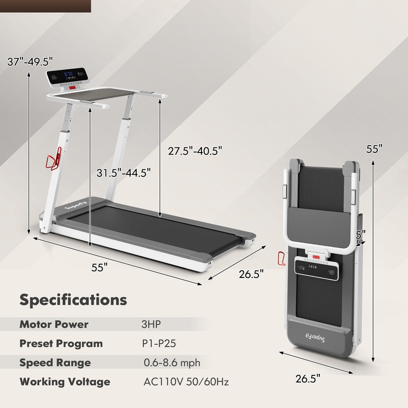 3HP Folding Treadmill with Adjustable Height and APP Control-Silver