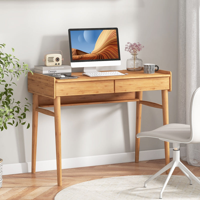 Bamboo Writing Desk with 2 Storage Drawers and Open Shelf-Natural