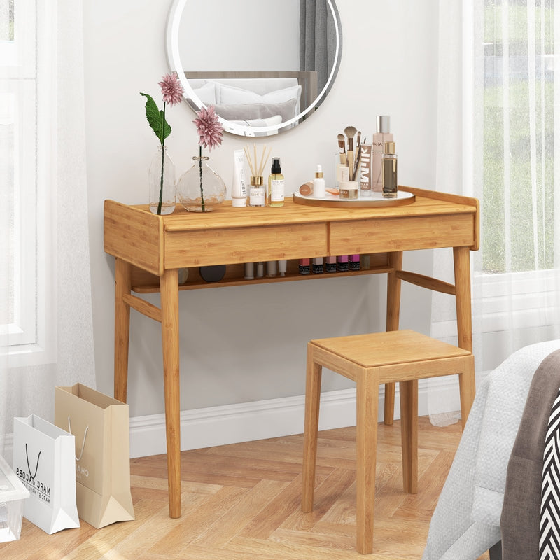 Bamboo Writing Desk with 2 Storage Drawers and Open Shelf-Natural