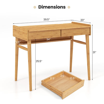 Bamboo Writing Desk with 2 Storage Drawers and Open Shelf-Natural