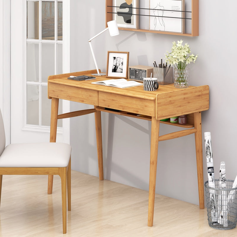 Bamboo Writing Desk with 2 Storage Drawers and Open Shelf-Natural