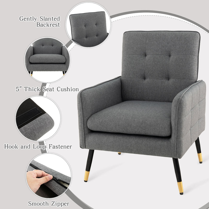 Linen Fabric Accent Chair with Removable Seat Cushion-Gray