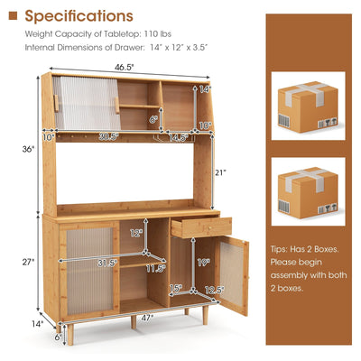 69 Inch Wine Bar Kitchen Cabinet with Sliding Tempered Glass and Rattan Door-Natural