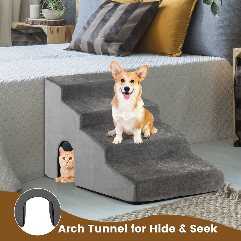 4-Tier High Density Foam Dog Ramps Extra Wide Pet Stairs with Non-slip Bottom-Gray