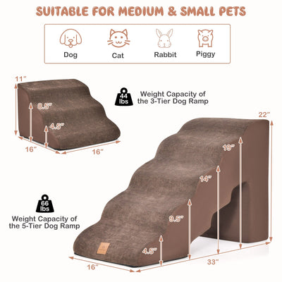 22 Inches and 11 Inches Foam Pet Stairs Set with 5-Tier and 3-Tier Dog Ramps-Brown