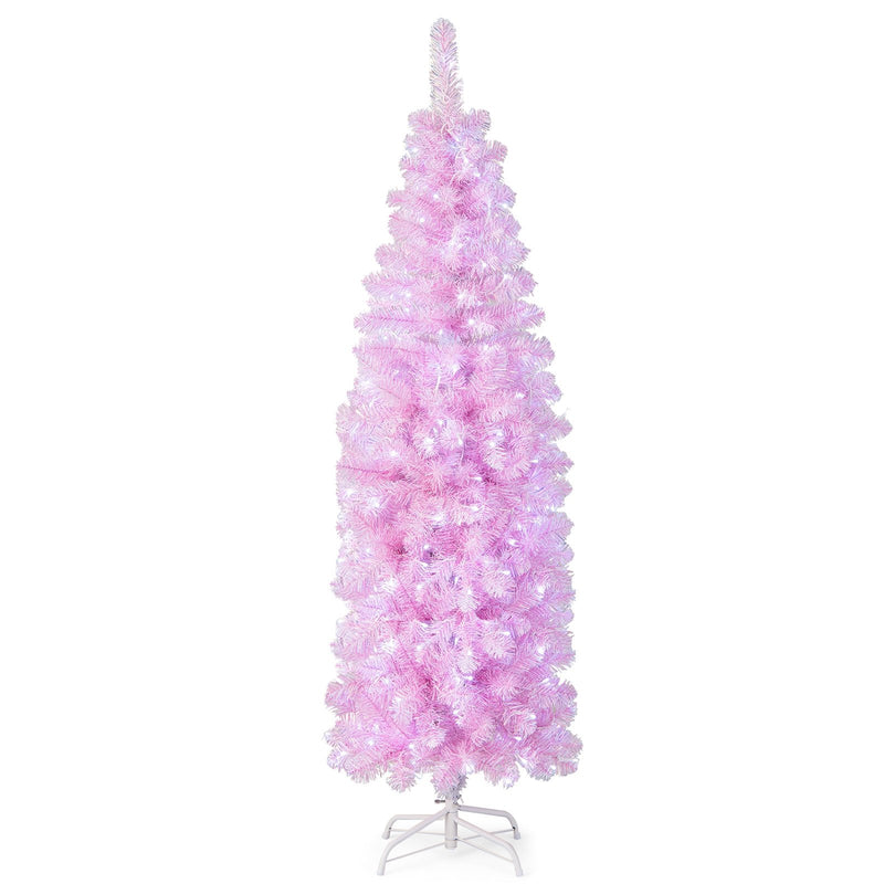 5/6/7 FT Pre-lit Artificial Christmas Tree with Branch Tips LED Lights Metal Stand-6ft