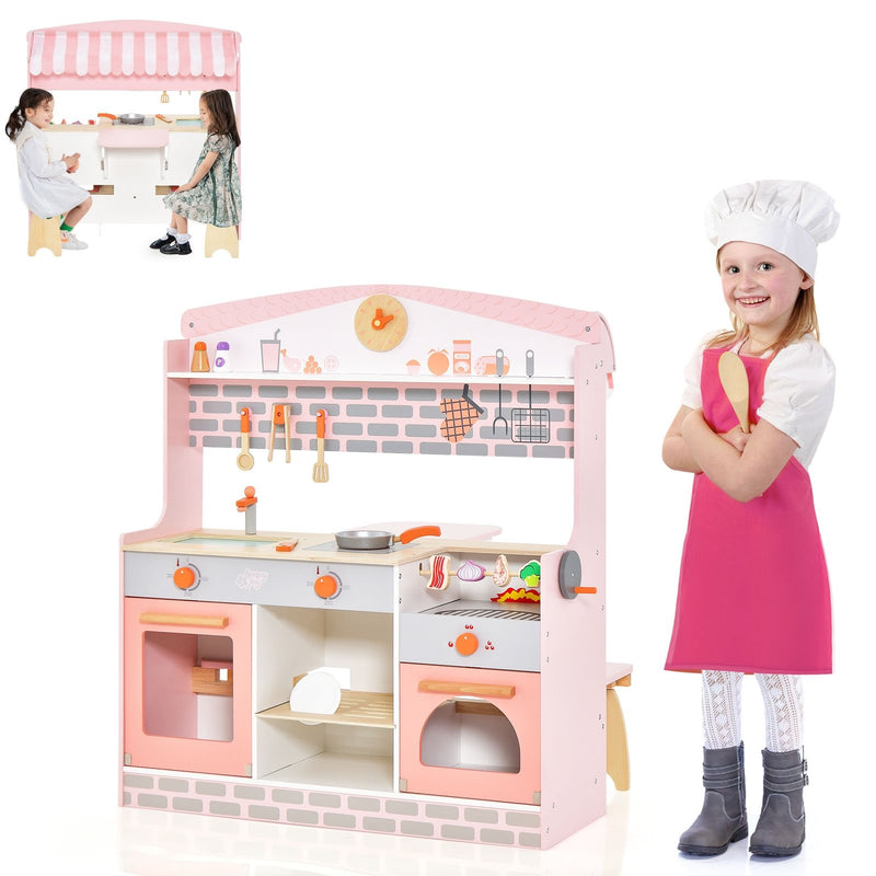 Double-Sided Kids Play Kitchen Set with Canopy and 2 Seats